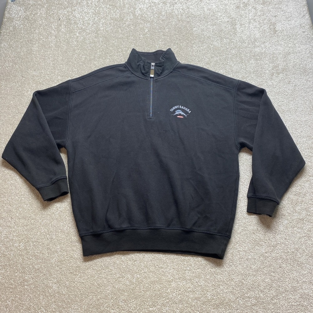 Tommy Bahama Sweatshirt Mens Medium Black 1/4 Zip Relaxed Cotton TR21078